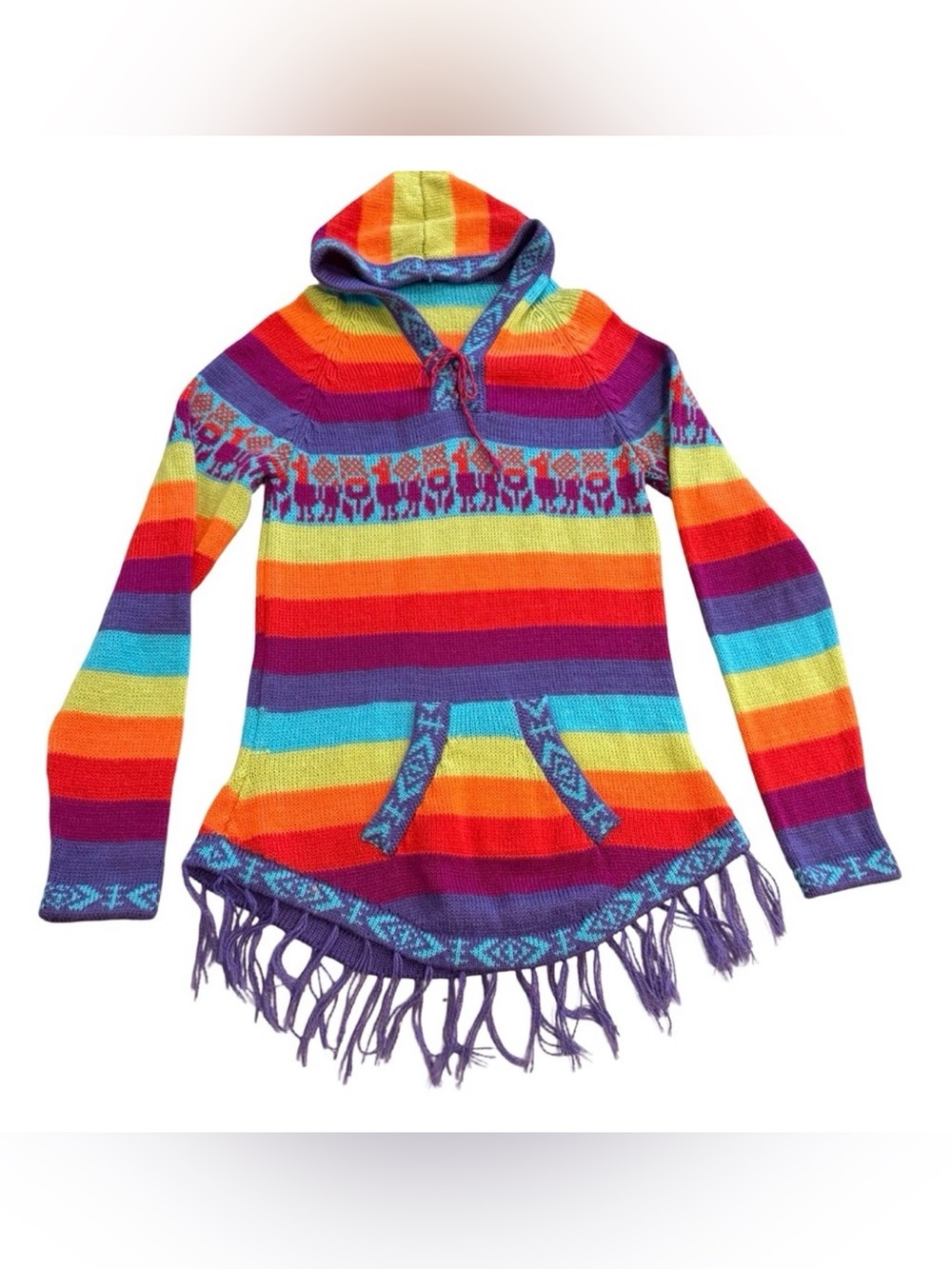 Rainbow Baja Hoodie Sweater Llama Print Boho Festival Knit Fringe Hippie Size S